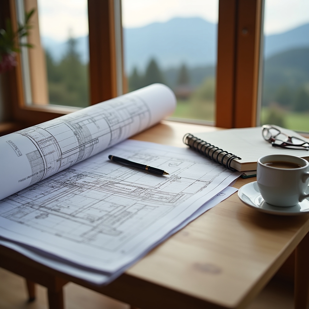 Escritorio con planos de una instalación de biomasa y una taza de café
