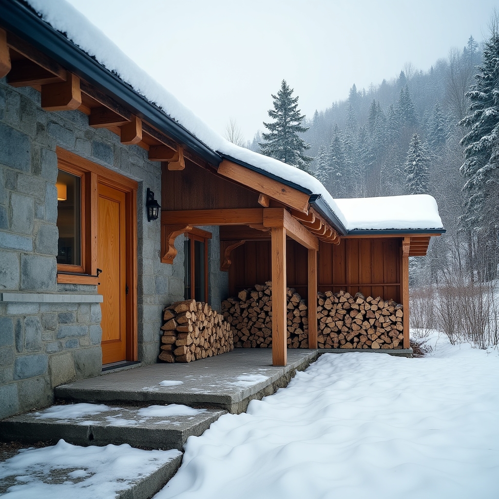 Vivienda de montaña con leñera exterior junto a la puerta principal en invierno
