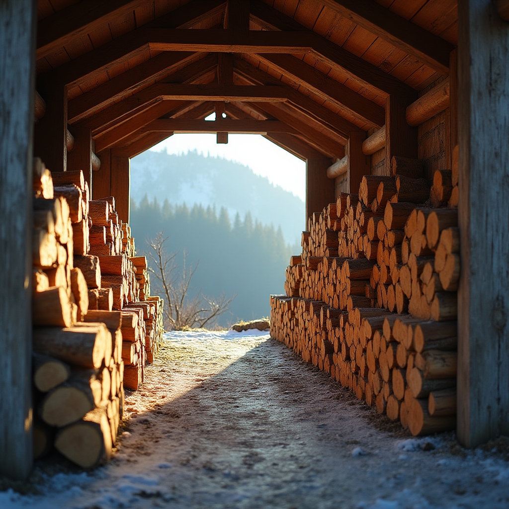Pilas de leña cortada secándose bajo un cobertizo de madera en un entorno de montaña