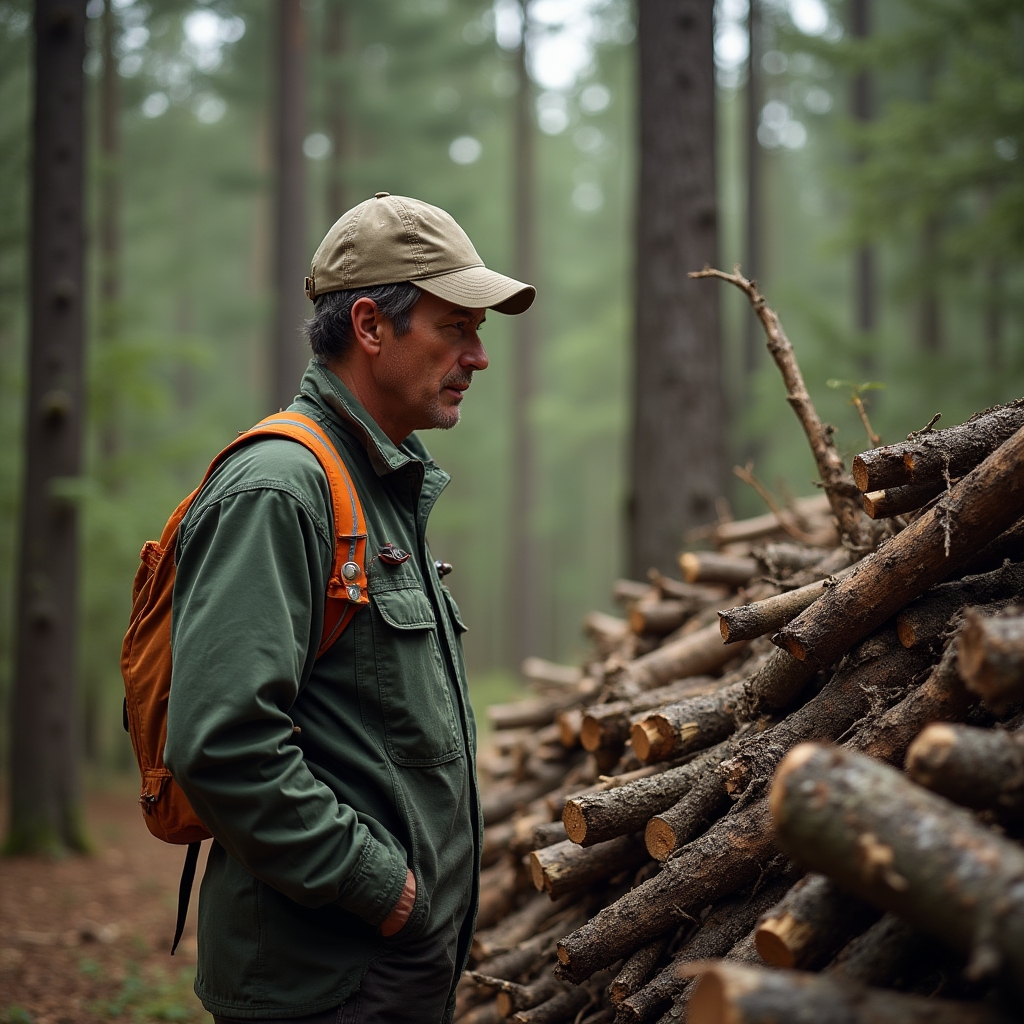 Técnico forestal revisando el estado de una masa forestal gestionada para biomasa