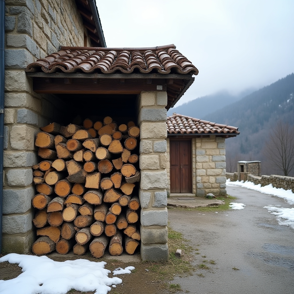 Casa de piedra en un pueblo de montaña con leña apilada junto a la fachada