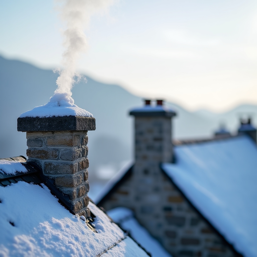 Primer plano de una chimenea de piedra con humo saliendo en un tejado nevado